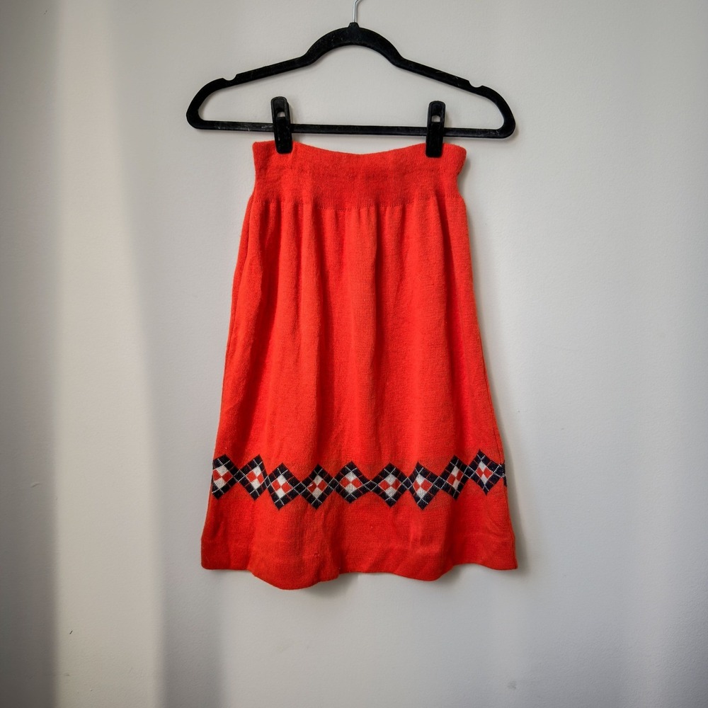 Vintage 70s/80s Vibrant Orange Argyle Pattern Skirt Size S Retro Preppy